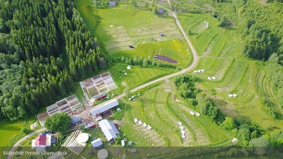 Aerial view of Ridgedale Permaculture farm in 2018 showing greenhouses, cultivated fields, curved landscape patterns, and surrounding forest