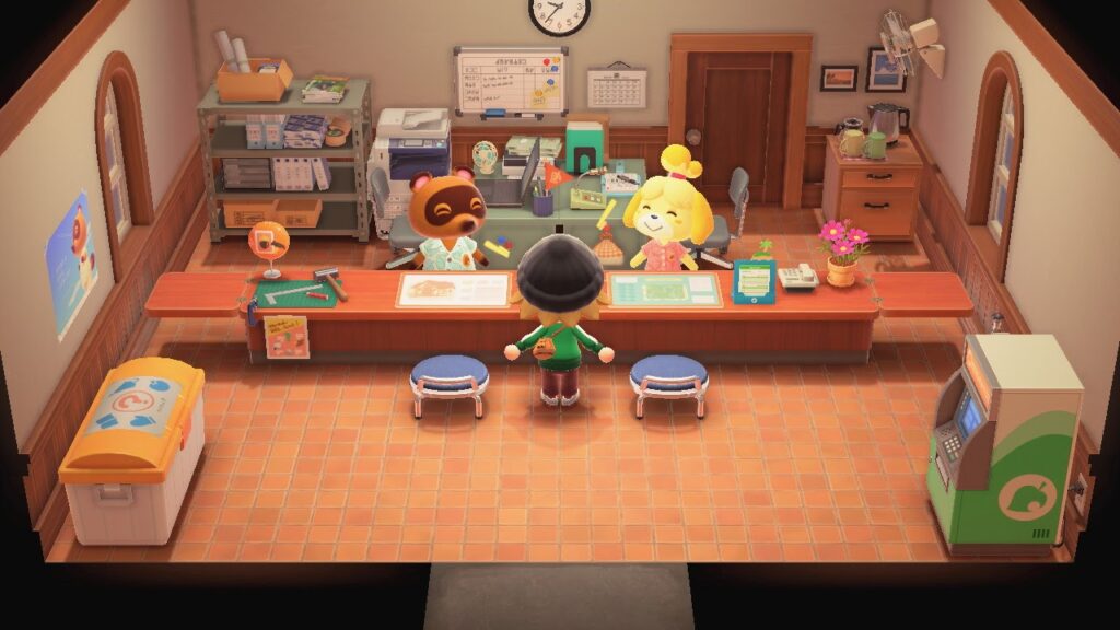 Screenshot of animated game house interior with orange decor, desk, and characters