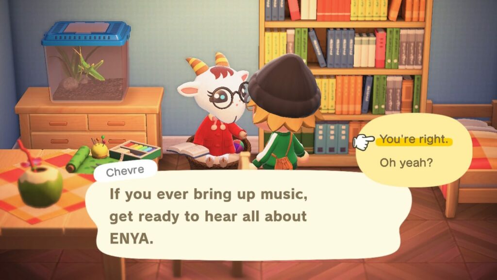 Screenshot from Animal Crossing showing character Chevre with text bubble about getting ready to hear all about ENYA if music is mentioned