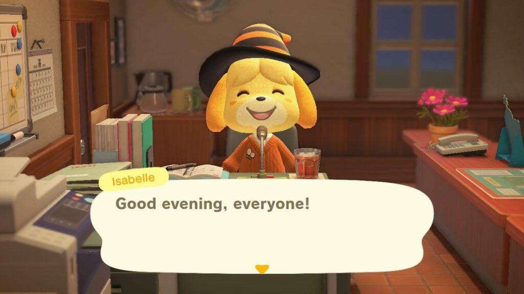 Screenshot from Animal Crossing showing Isabelle wearing a hat indoors with text bubble "Good evening, everyone!"