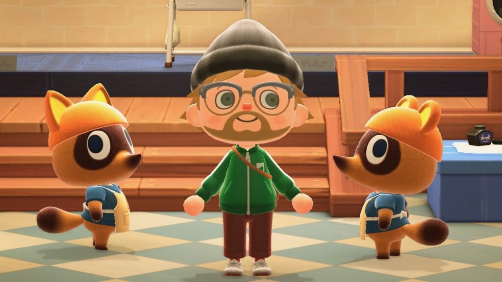 Animal Crossing screenshot of character with glasses wearing green jacket standing with two fox characters on a patterned floor inside a wooden interior