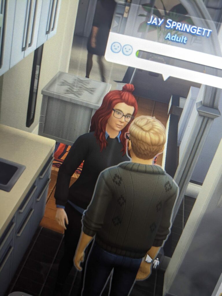 Screenshot of two animated characters conversing in interior hallway, dialogue box showing Jay Springett Adult