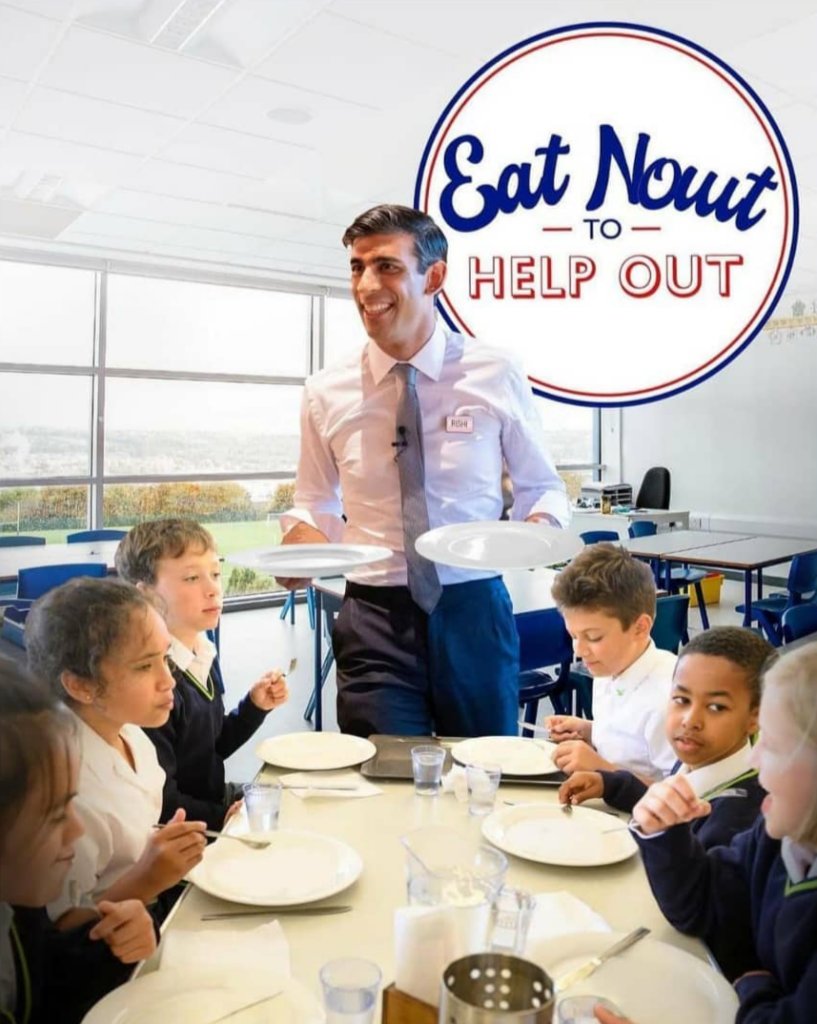 Adult man in pink shirt with children seated at table during meal event with "Eat Now to Help Out" text overlay