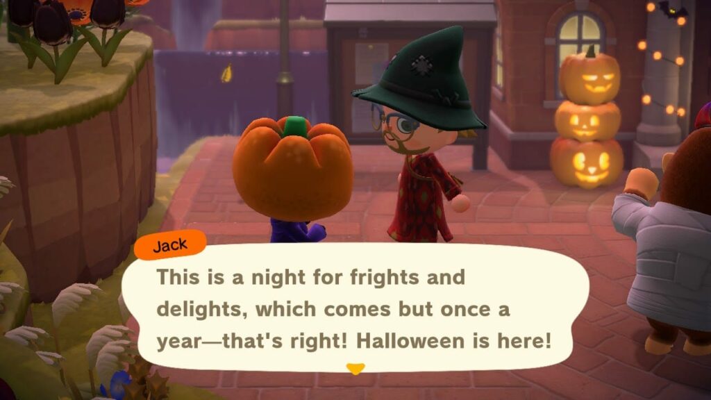 Animal Crossing Halloween scene with Jack character in witch hat with pumpkins and holiday decorations