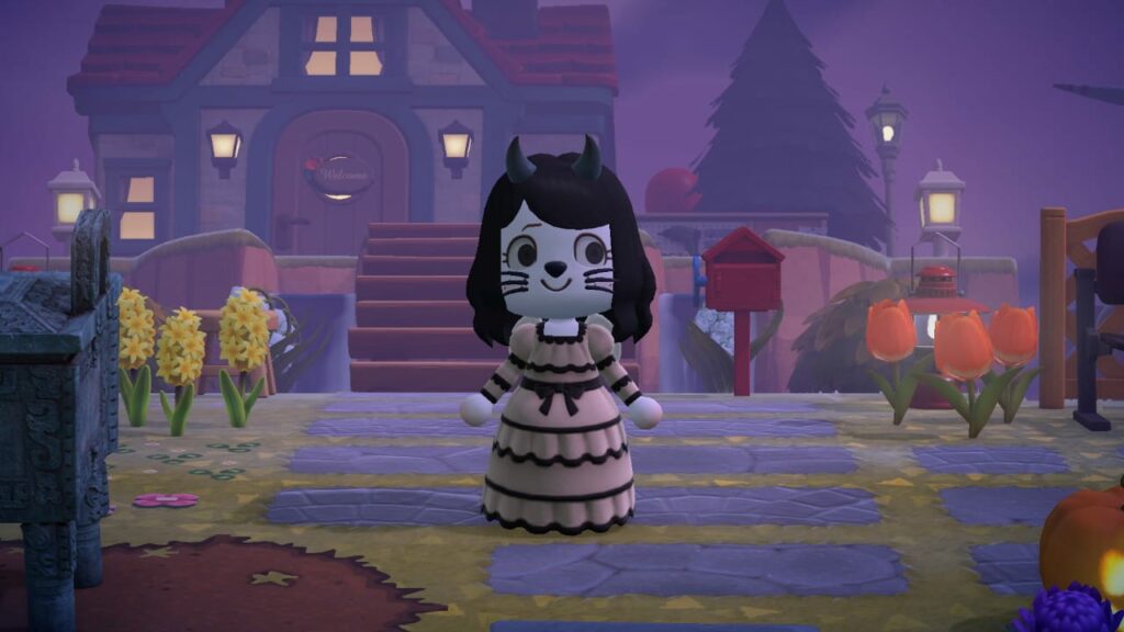 Animal Crossing character with black and white striped dress in spooky village setting with pumpkins
