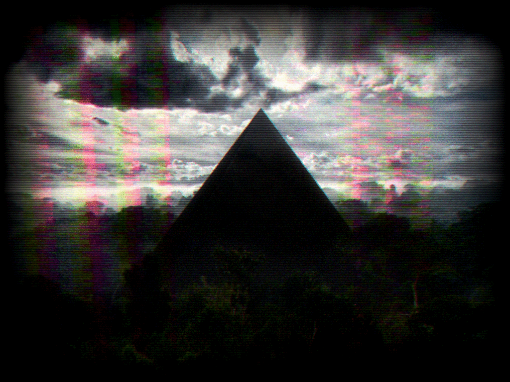 Glitchy digital image with black triangle in center surrounded by colorful horizontal scan lines and chromatic aberration distortion