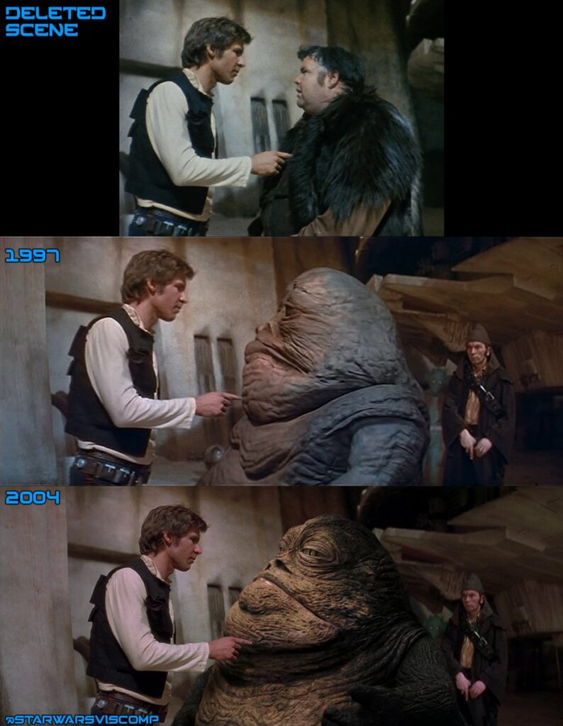 Star Wars scene comparison showing deleted scene at top and the same scene re-created in 1997 and 2004 versions showing creature character evolution