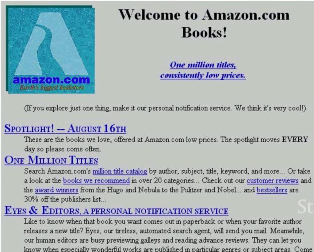 Screenshot of Amazon.com Books welcome page with logo, tagline "One million titles, consistently low prices", and sections for Spotlight, One Million Titles, and Eyes & Editors notification service