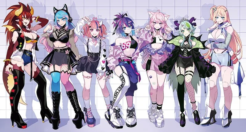 Digital illustration of seven anime-style female characters in colorful outfits with various hair colors standing in a line