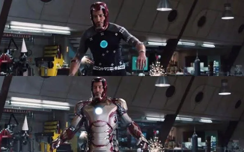 Split image comparison showing Iron Man without and with his armor activated