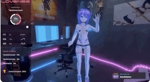 Animated GIF of a 3D avatar character in a neon-lit digital environment with glowing blue and pink lighting