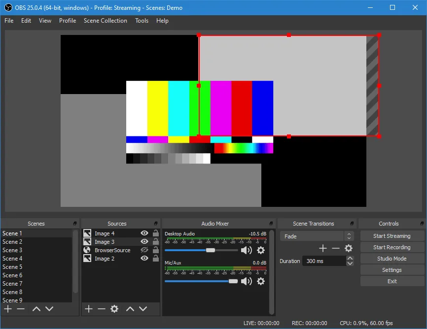 Screenshot of OBS Studio software interface showing video preview and streaming controls