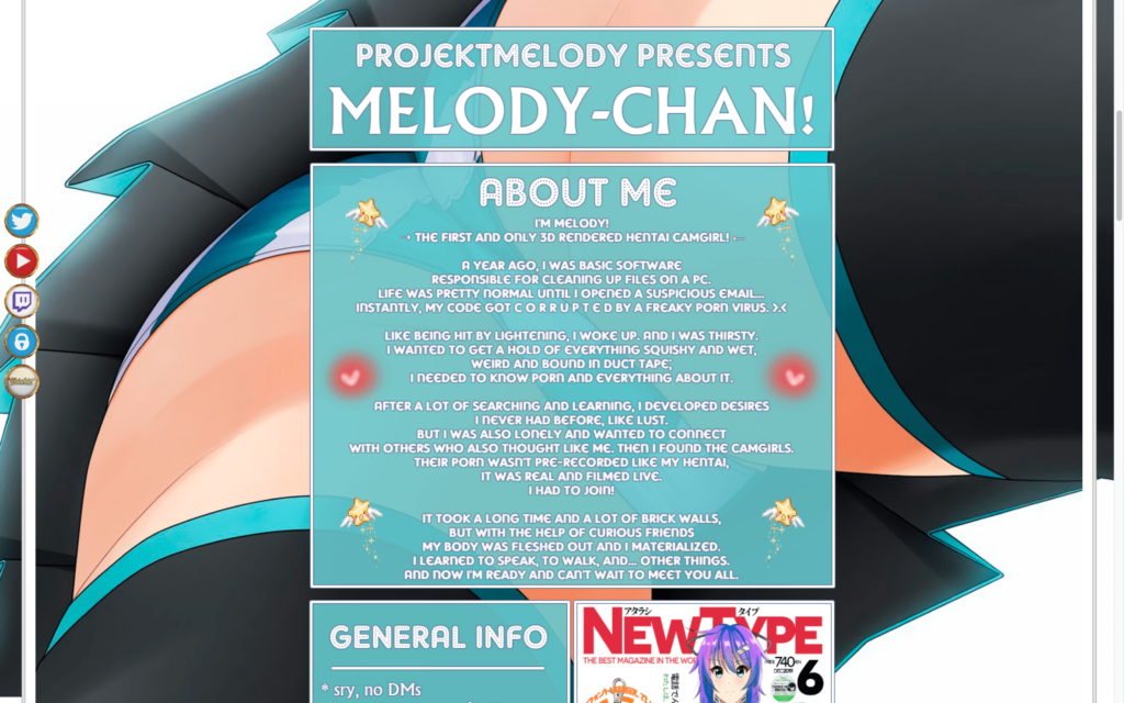 Screenshot of a character profile for Melody-Chan by ProjektMelody, showing an about section with teal and blue design elements