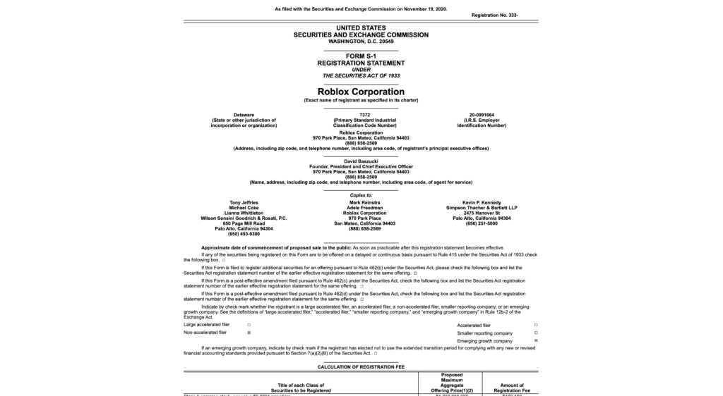 Screenshot of Roblox Corporation SEC FORM S-1 Registration Statement document with company details and officer information