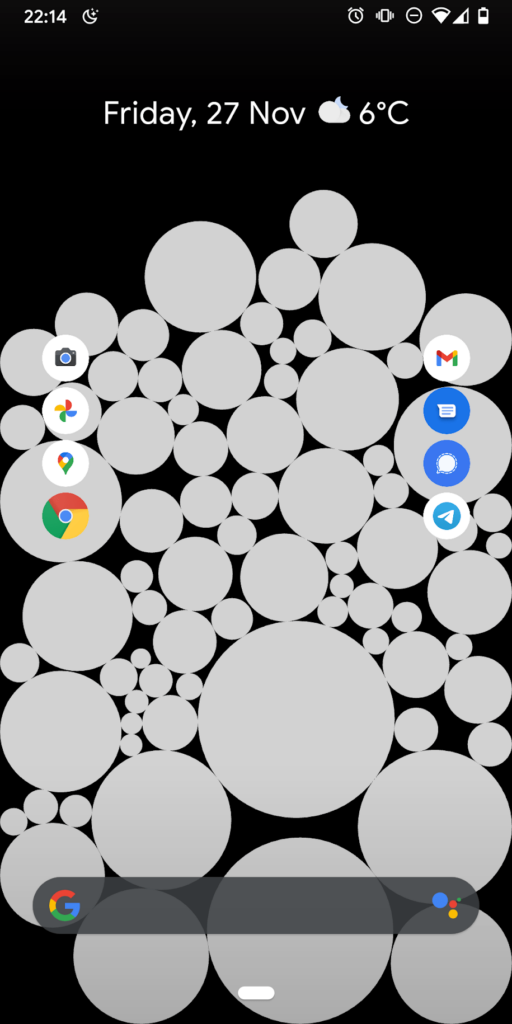 Screenshot of Android phone home screen showing app icons in large circles including Gmail, Google Photos, Google Assistant, Chrome, and others