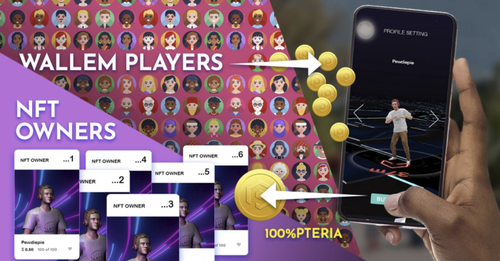 Wallem Players NFT Owners - collage showing avatars, cryptocurrency tokens, mobile interface with profile settings, and 100% Pteria branding