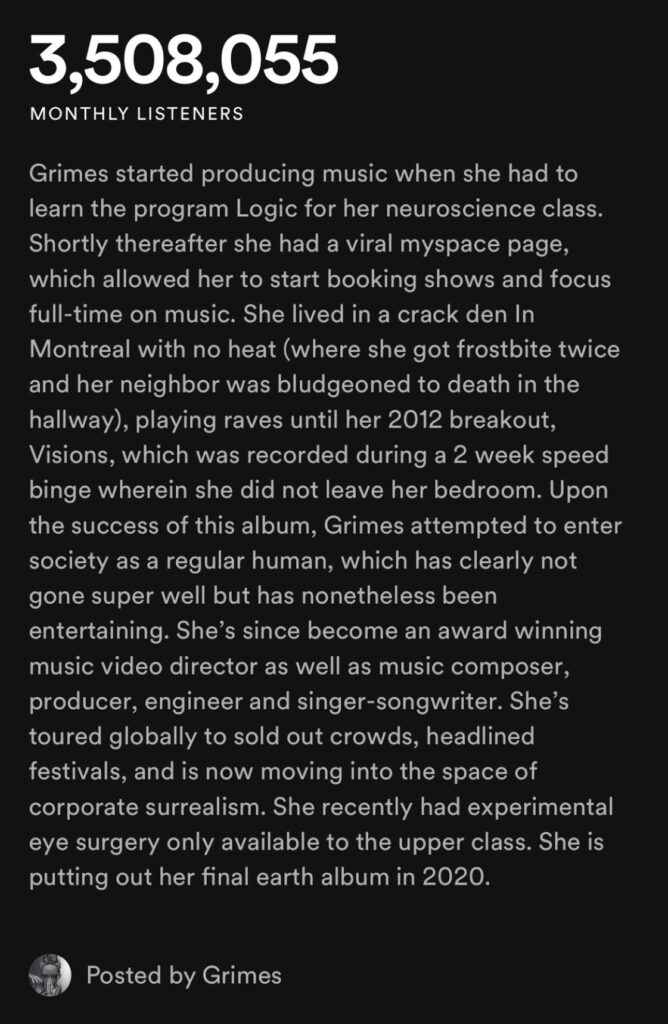 Twitter card showing Grimes with 3,508,055 monthly listeners on Spotify and biography text
