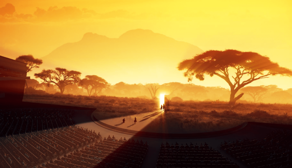 Digital artwork of African savanna sunset with acacia trees and silhouetted figure against golden sky