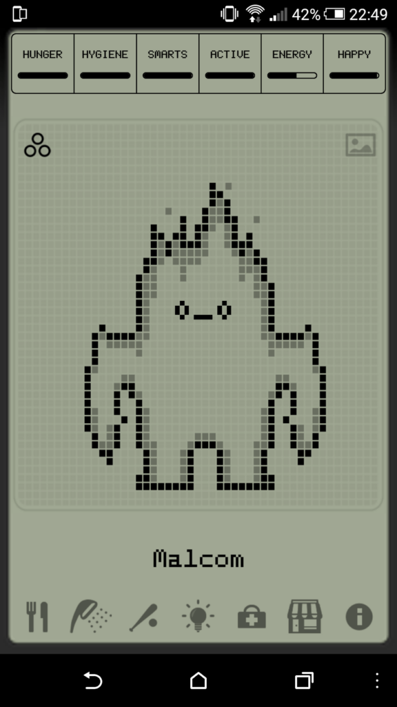 Screenshot of Malcom mobile game showing a pixelated character with status bars for hunger, hygiene, smarts, active, energy, and happy