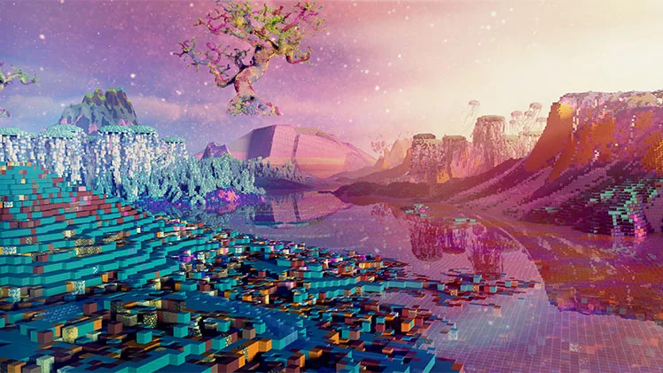 Digital landscape artwork depicting a futuristic valley with geometric structures in pink, purple, and blue tones