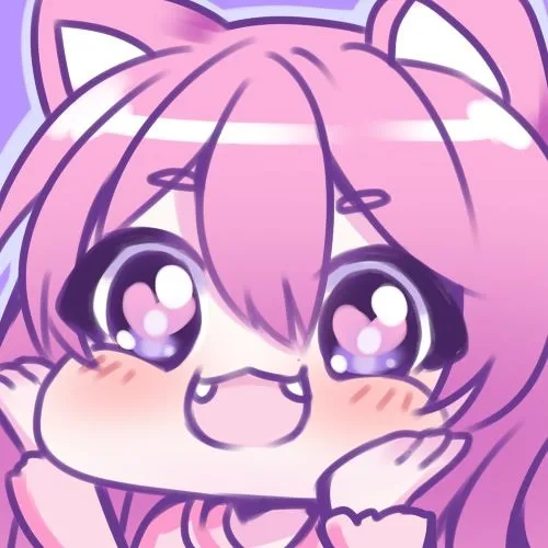 Smiling anime-style avatar with pink and purple hair, cat-like ears, and large expressive eyes