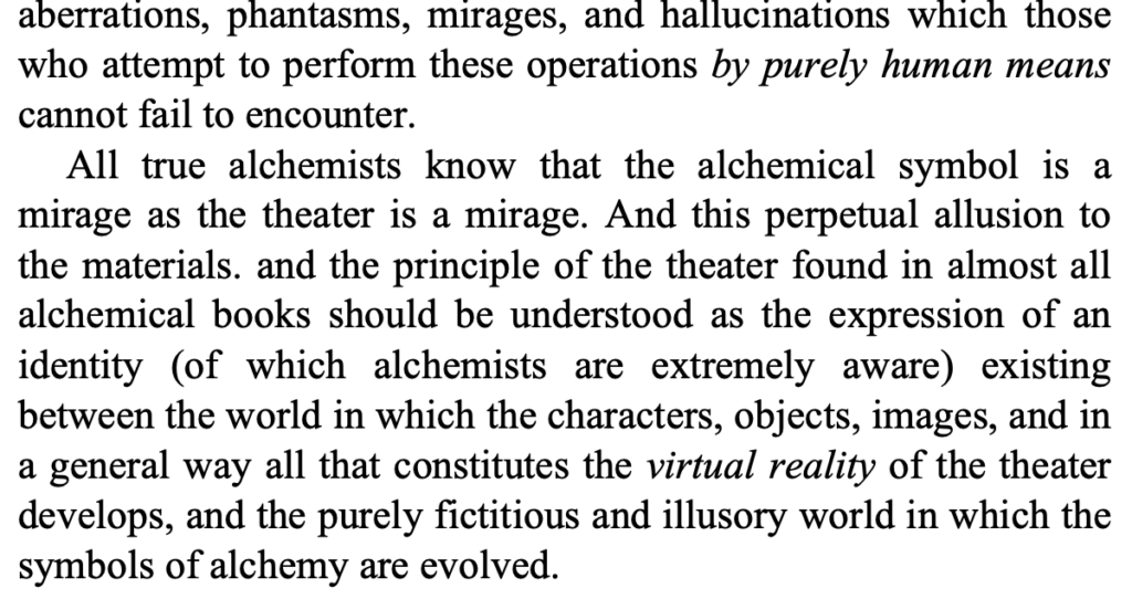 Screenshot of text about alchemy, theater and virtual reality from You Are You but Different on the Internet