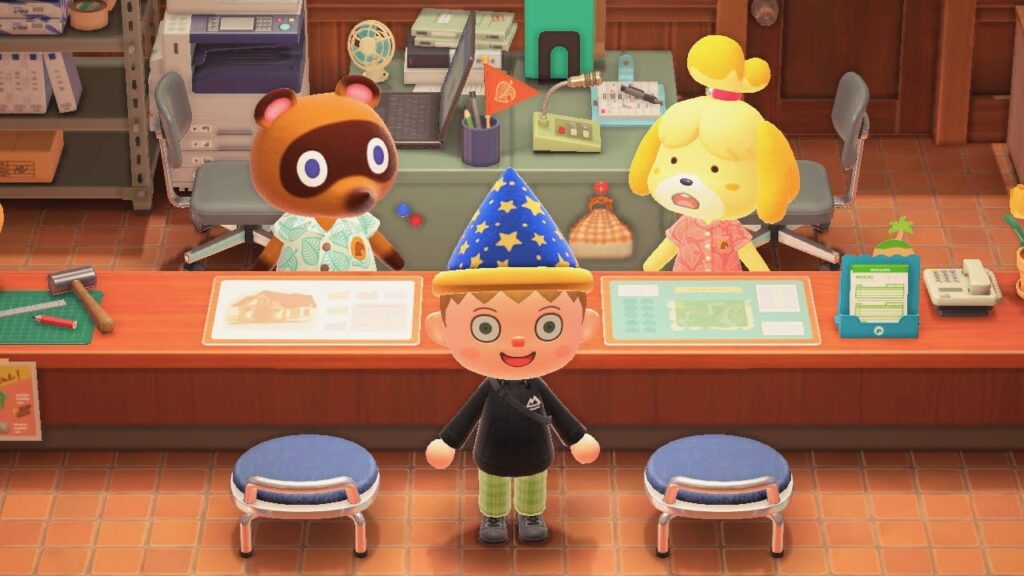 Screenshot from Animal Crossing game showing cartoon characters in colorful indoor room