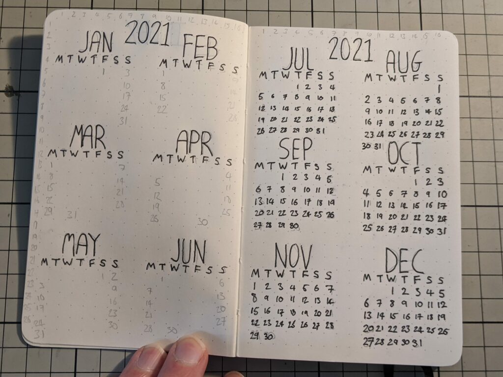 Hand holding open handwritten 2021 annual calendar showing all 12 months on double-page spread