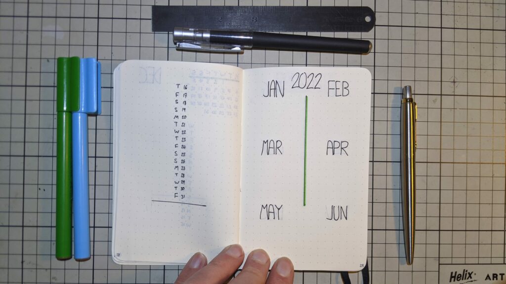 Handwritten 2022 year-at-a-glance bullet journal page with month labels