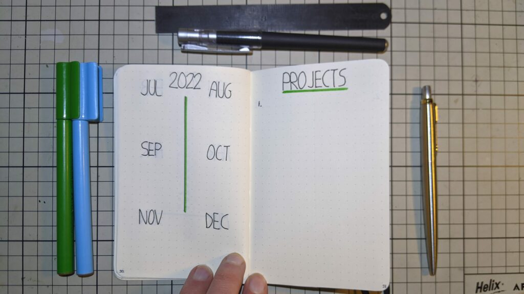 Bullet journal spread showing summer months calendar and projects section