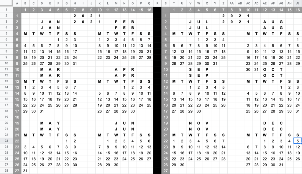 Screenshot showing multiple 2021 calendar months in a minimalist layout