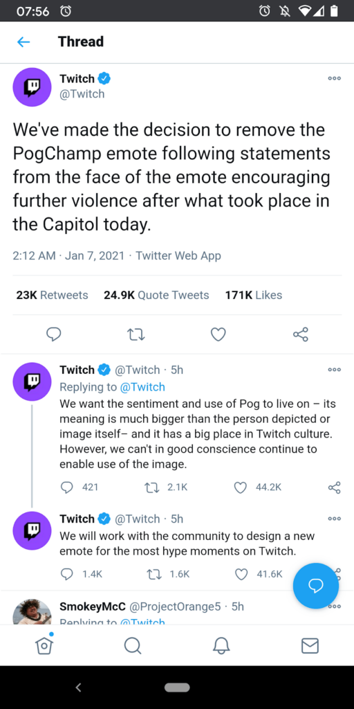 Screenshot of Twitter thread by Twitch about removing PogChamp emote from January 7 2021