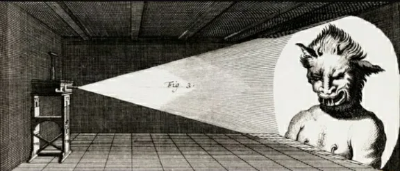 Black and white surreal illustration of a goat's head in an architectural interior with dramatic shadows and vanishing perspective