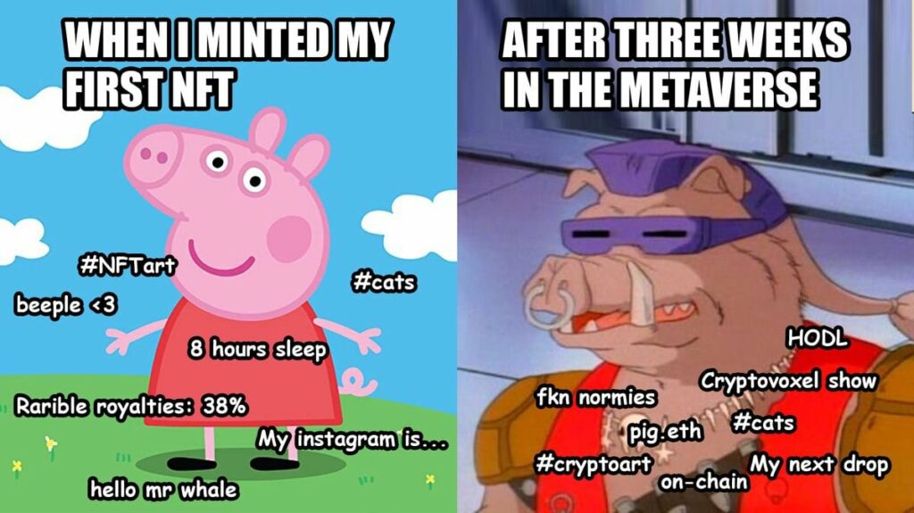 Meme comparing NFT minting and metaverse experiences, with Peppa Pig on left and cartoon characters on right labeled with crypto and gaming references