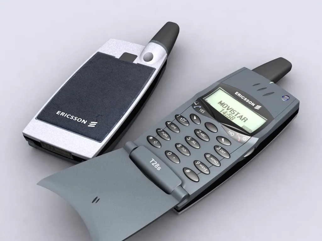 3D rendered Ericsson T28 and Ericsson A1018 mobile phones against grey background