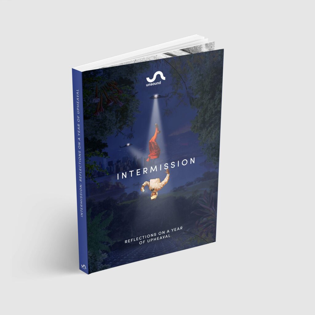Intermission book cover published by Unsound - blue hardcover with forest scene and text about reflections on upheaval