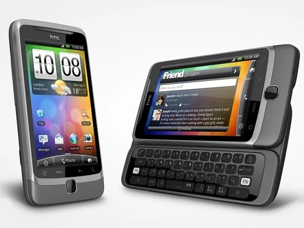 Two HTC Desire Z smartphones showing closed state with colorful Android display and open state with slide-out QWERTY keyboard visible
