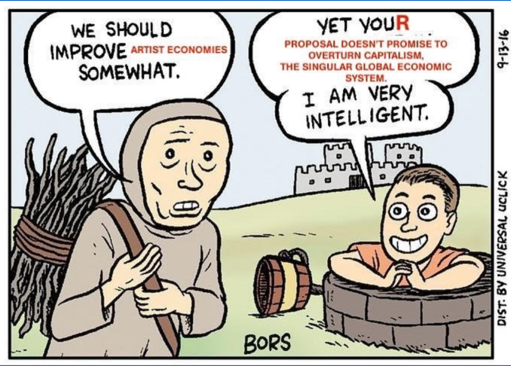 Comic strip showing two characters in conversation discussing artist economies and economic systems, with castle ruins in background