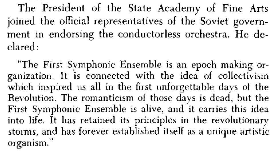 Screenshot of text describing Soviet government endorsement of a conductorless orchestra with a quote about the First Symphonic Ensemble