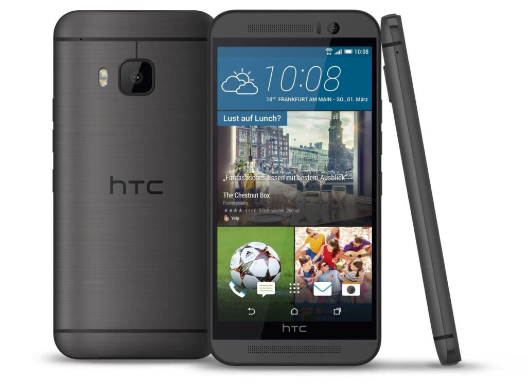 HTC One M9 smartphone showing back with camera, front display with weather and app icons, and side profile view in dark grey