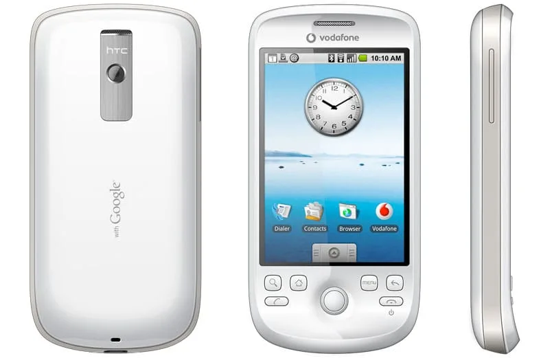 HTC Magic smartphone showing back, front with Android interface displaying clock and app icons, and side profile view