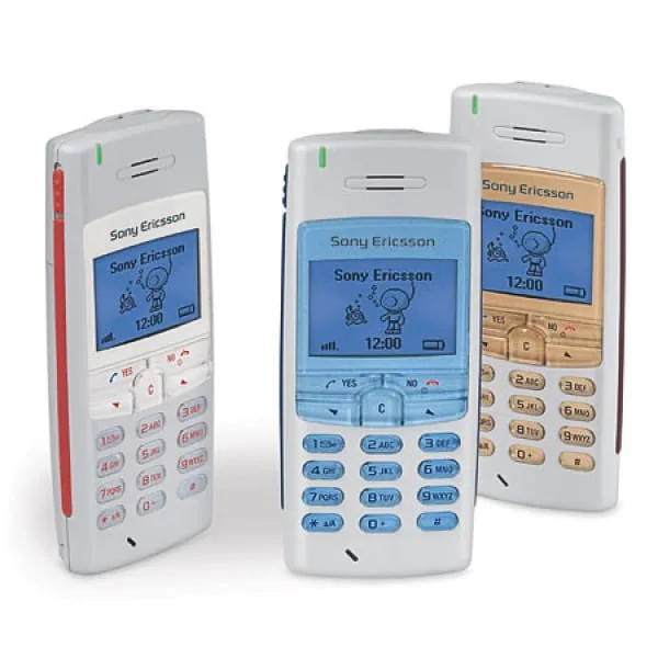Three Sony Ericsson dual-band GSM mobile phones with colored buttons and LCD displays in white, blue, and gold color variants