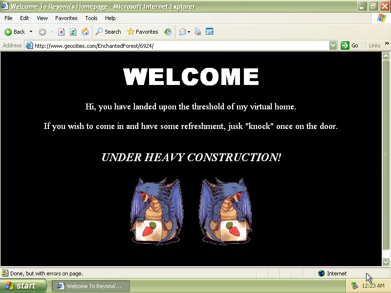 Screenshot of retro website interface in Internet Explorer browser showing Welcome page with "Under Heavy Construction" text and decorative animal avatars