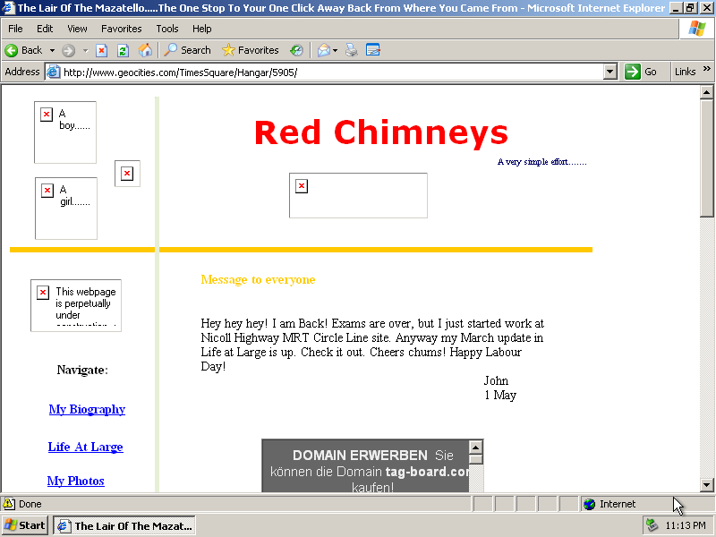 Screenshot of Red Chimneys retro website in Internet Explorer showing personal home page with navigation menu and message from John dated 1 May