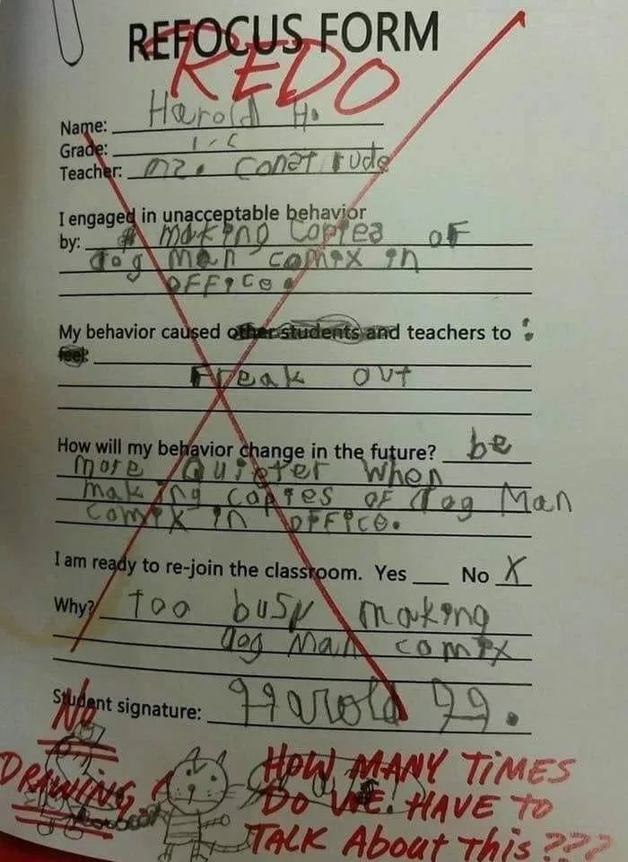 Photograph of school behavior refocus form with handwritten student responses marked with red pen X marks