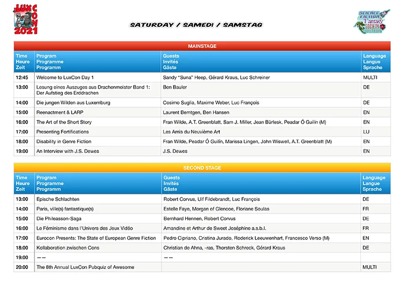 Luxcon 2021 Saturday program schedule showing main stage and second stage events with times, titles, and speaker names