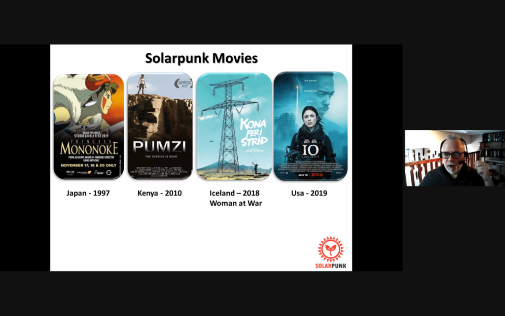Solarpunk Movies graphic showing four film posters: Mononoke (Japan, 1997), Pumzi (Kenya, 2010), Kona Woman at War (Iceland, 2018), and I.O. (USA, 2019) with Solarpunk logo