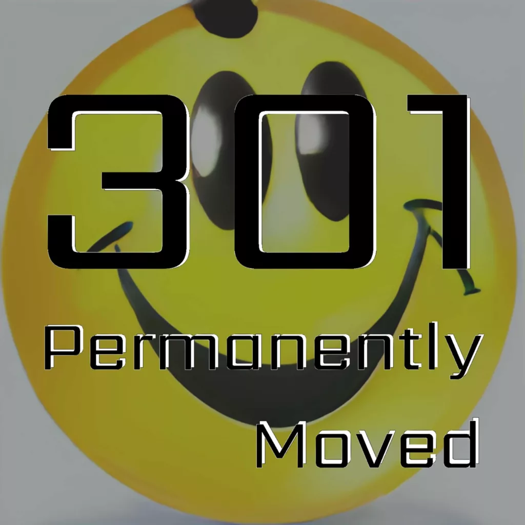 301 permanently moved podcast cover - Large black text with white outlines reading 301 Permanently Moved on a yellow smiley face background.