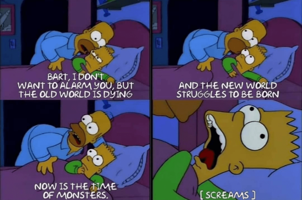 Simpsons meme four-panel screenshot with Homer and Bart in bed and text about alarming the world