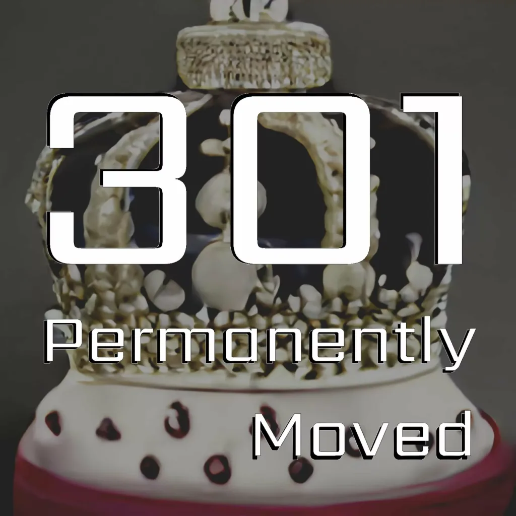 301 permanently moved podcast cover - text 301 Permanently Moved over a jewelled crown with white fur trim.